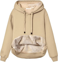 Beige Kapuzenpullover mit Plüschfutter, Damenmode, gemütlicher Winter-Hoodie, warm und stylisch.