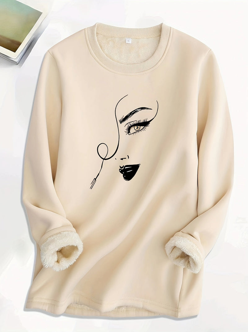 Beiger Damenpullover mit Gesichtsgrafik, weiches Fleece, modisch, warm, lässig.