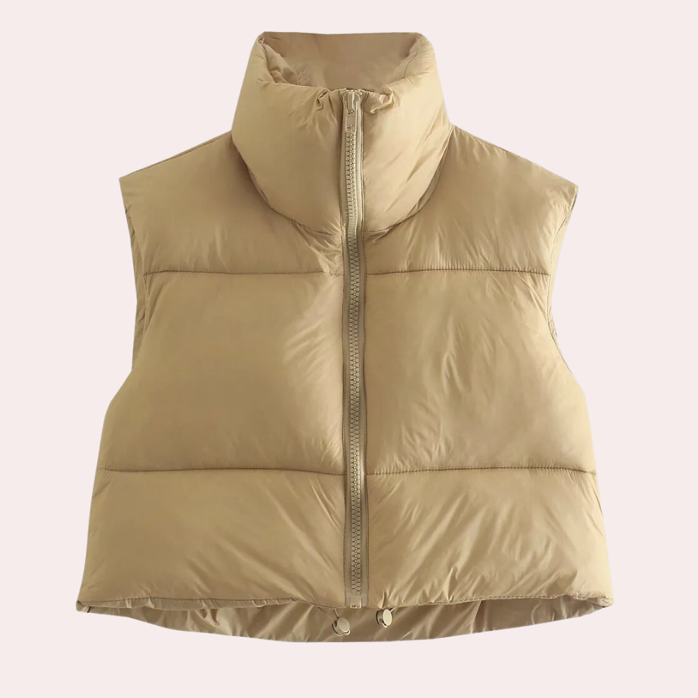 Beige Damen Steppweste, ärmellos, Reißverschluss, Wintermode, warm, modisch, Outdoor-Bekleidung.
