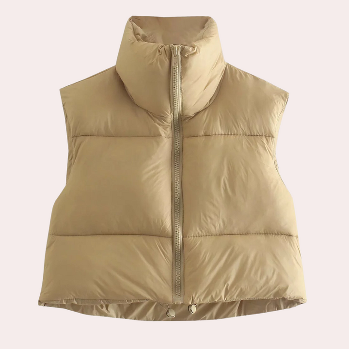 Beige Damen Steppweste, ärmellos, Reißverschluss, Wintermode, warm, modisch, Outdoor-Bekleidung.