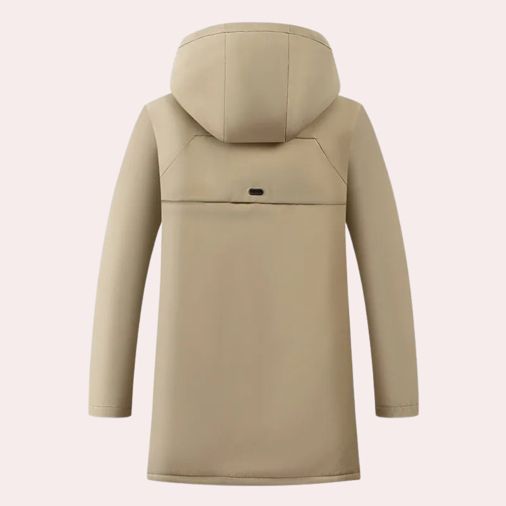 Beige Damenmantel mit Kapuze, wasserabweisend, lang, modisch, Winterjacke, Rückansicht.