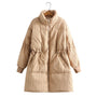 Beige Damen Wintermantel, Steppdesign, Reißverschluss, warm, modisch, elegant, lang.