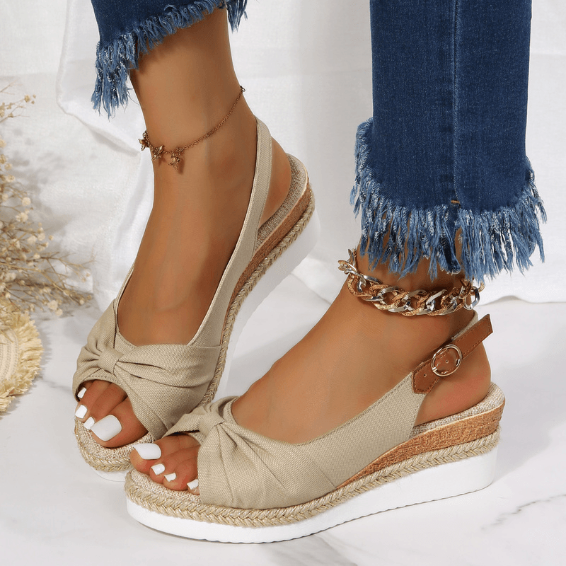 Beige Damen-Sandalen mit Keilabsatz, bequem, Sommerschuhe, Leinen, modisch, Freizeit.
