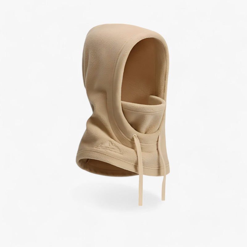 Beige Fleece-Balaclava mit Kapuze, warm, atmungsaktiv, ideal für Outdoor-Aktivitäten im Winter.