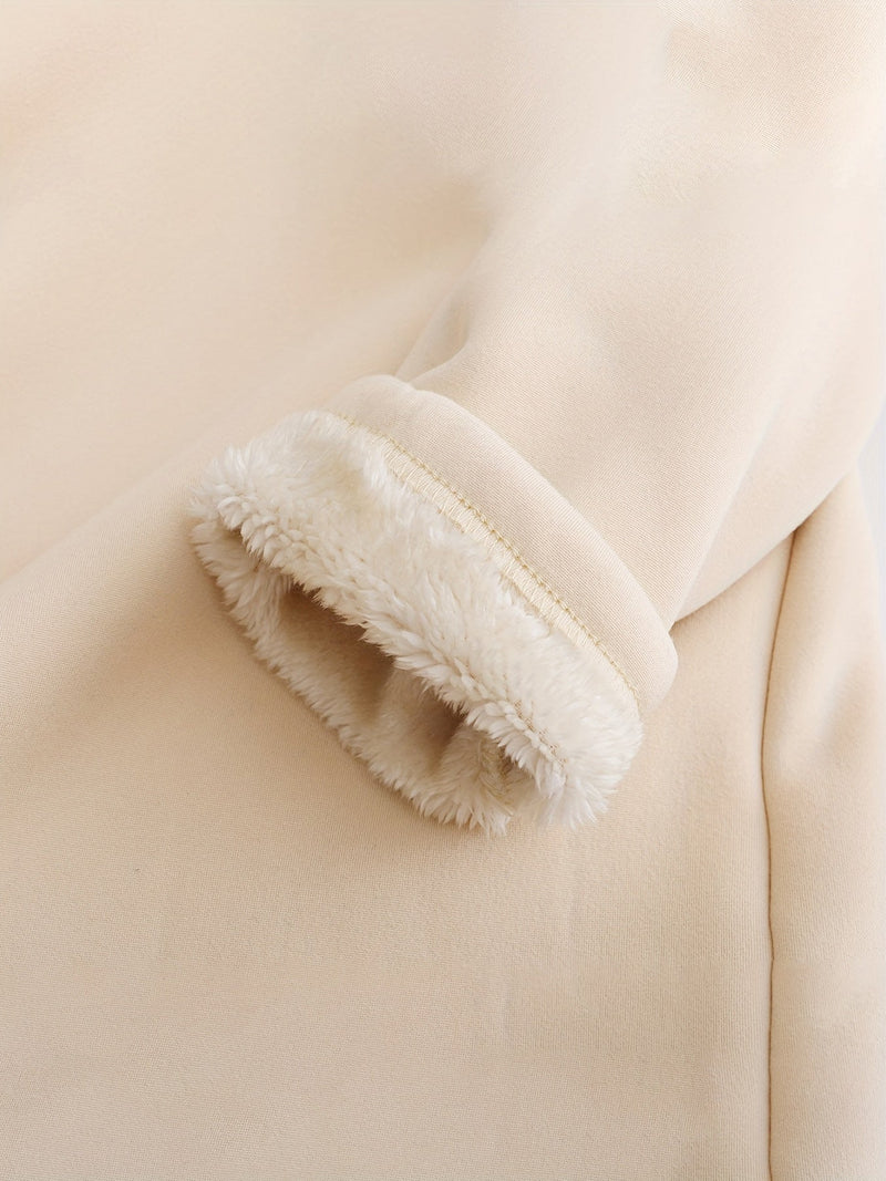 Beige Fleecejacke mit weichem Kunstfellfutter, warm, gemütlich, modisch, Winterbekleidung.