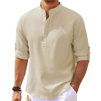 Männer Leinenhemd beige, Stehkragen, langärmlig, lässig, Sommermode, atmungsaktiv.