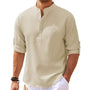 Männer Leinenhemd beige, Stehkragen, langärmlig, lässig, Sommermode, atmungsaktiv.
