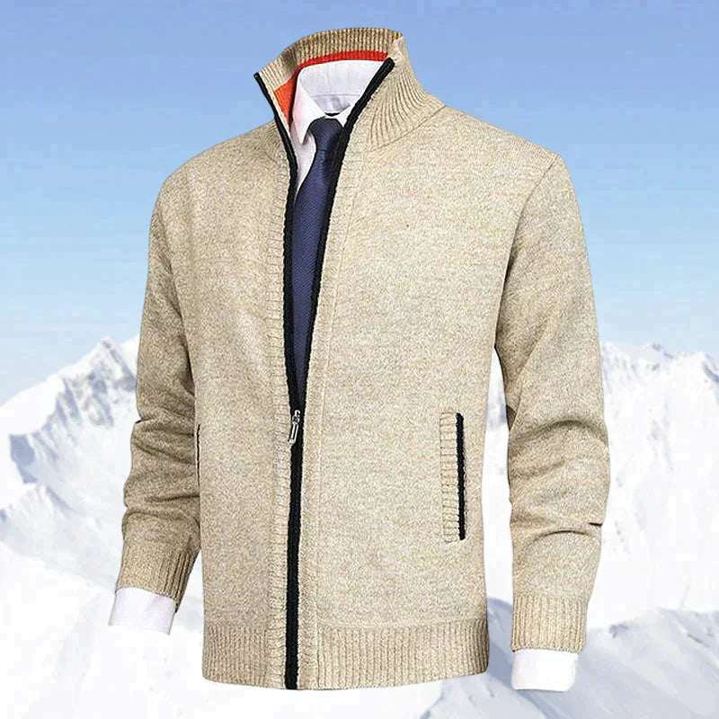 Beige Herrenjacke mit Reißverschluss, Strickmaterial, eleganter Stil, ideal für Wintermode.