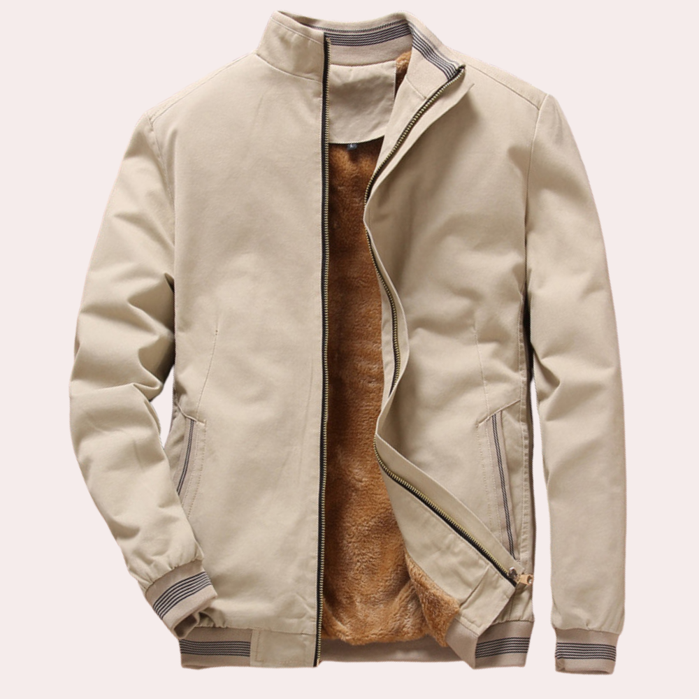 Beige Herrenjacke mit Reißverschluss, gefüttert, modisch, warm, ideal für Herbst und Winter.