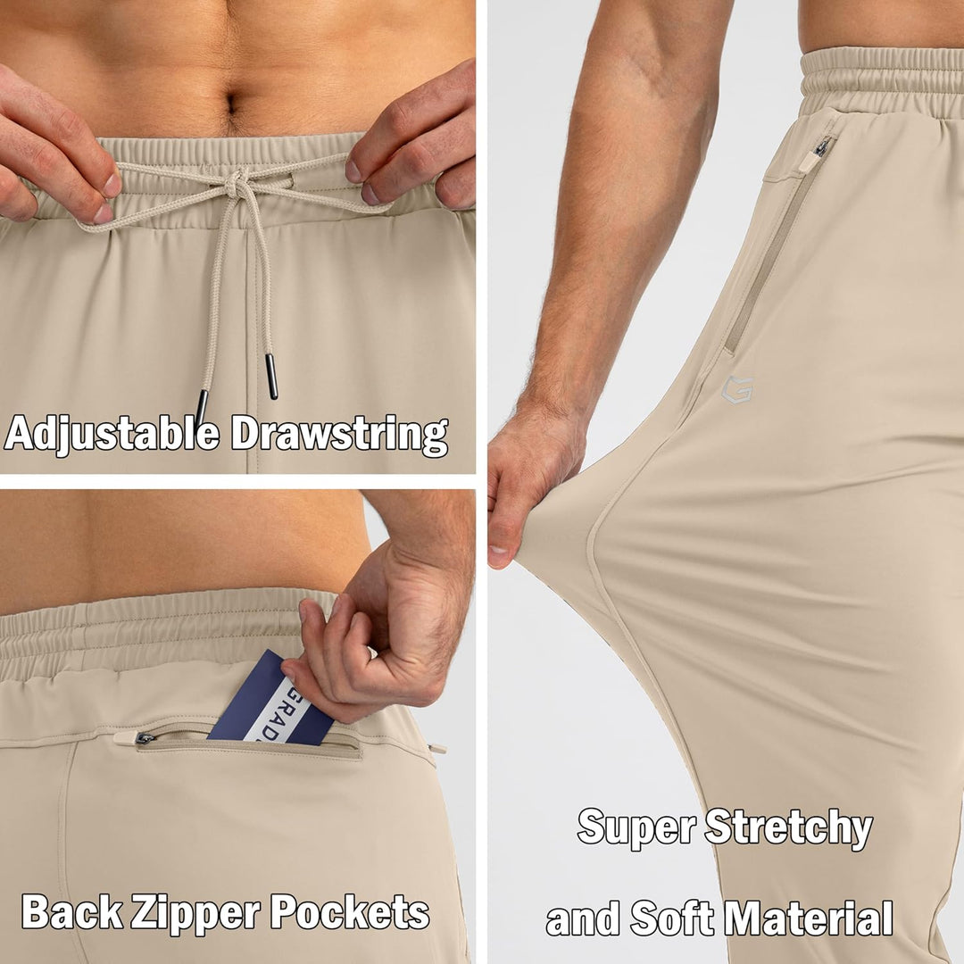 Beige Herren-Jogginghose, verstellbarer Kordelzug, Reißverschlusstaschen, elastisches Material.