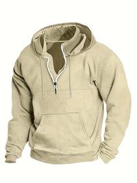 Beige Kapuzenpullover mit Reißverschluss, Kängurutasche, Herrenmode, Freizeitkleidung.