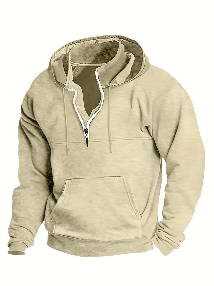 Beige Kapuzenpullover mit Reißverschluss, Kängurutasche, Herrenmode, Freizeitkleidung.