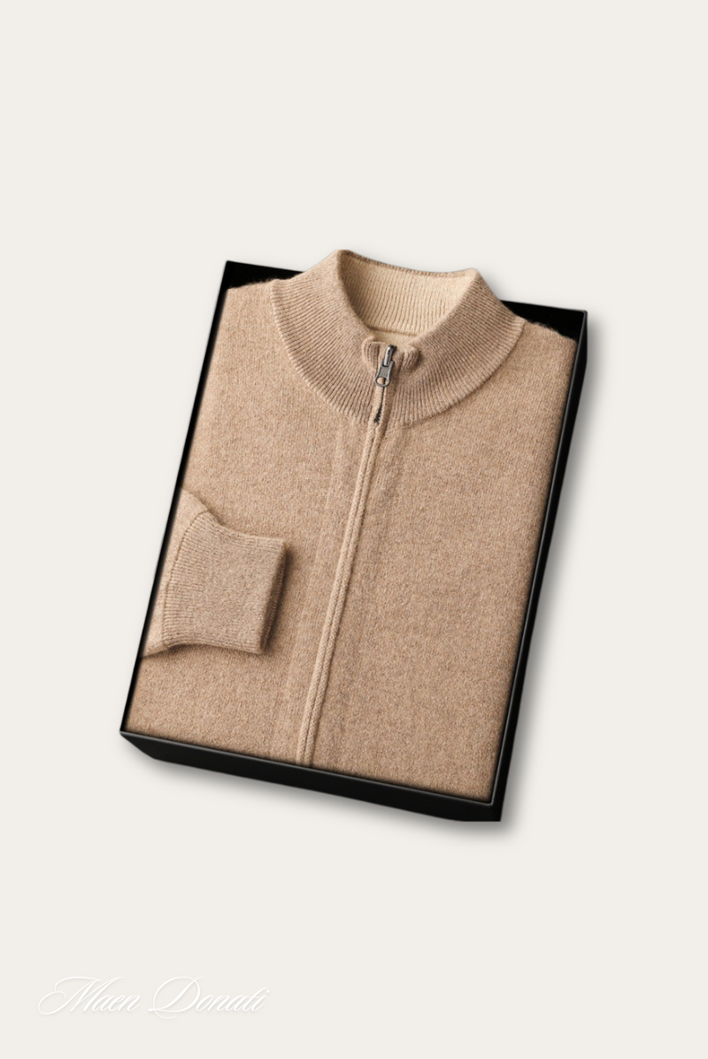 Beige Kaschmirpullover mit Reißverschluss in Geschenkbox, luxuriöse Strickmode, Herrenbekleidung.