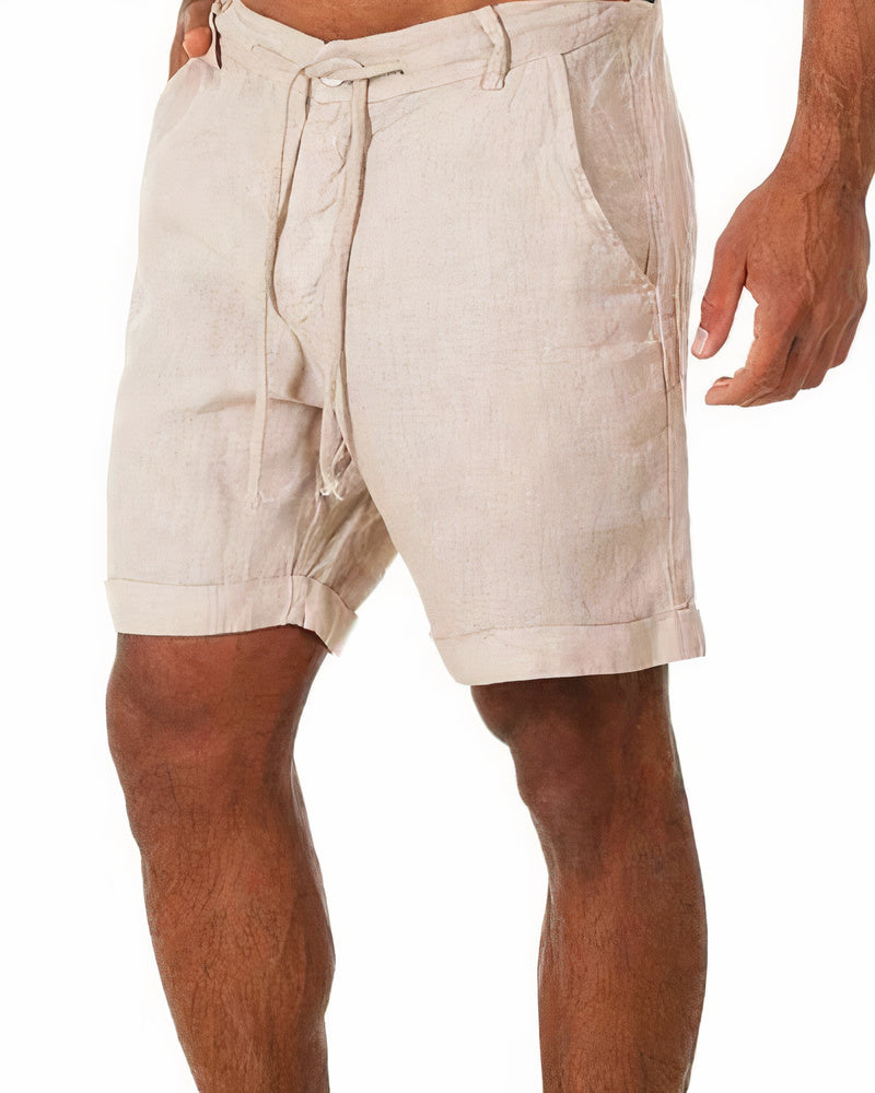 Beige Leinen-Shorts für Herren mit Kordelzug, Sommermode, bequem und stilvoll.