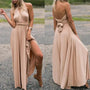 Frau in langem, ärmellosem, beigem Abendkleid mit Schleife, elegantes Design, Sommermode.