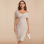 Damen Off-Shoulder V-Ausschnitt Bandage-Kleid Beige, Elegant, Knielang, Party, Clubwear.