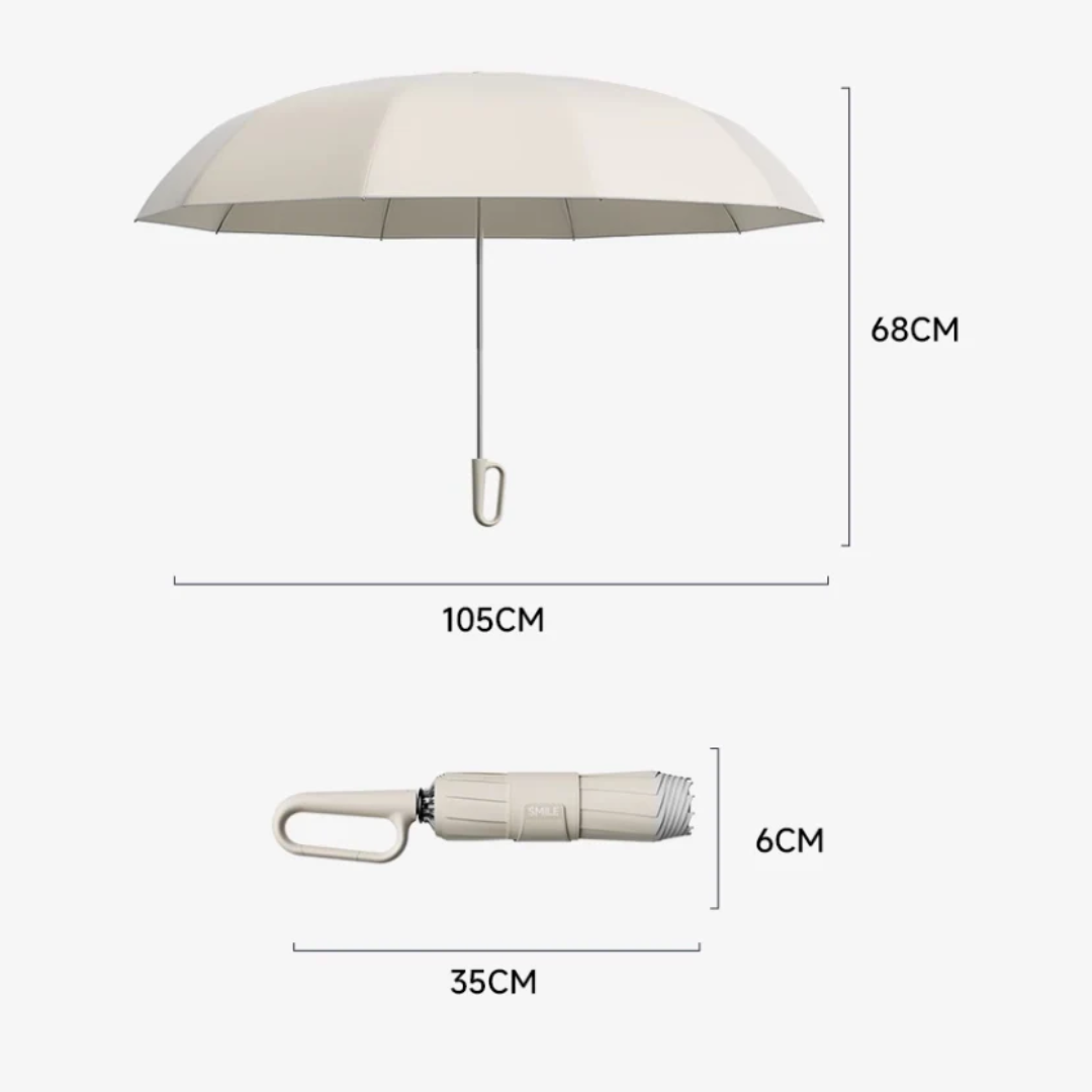 Beiger faltbarer Regenschirm, kompakt, 105 cm Durchmesser, 35 cm Länge, ideal für Reisen.