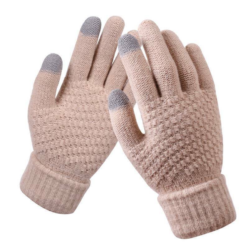 Beige Strickhandschuhe mit grauen Touchscreen-Fingerspitzen, warm, wintertauglich, unisex.
