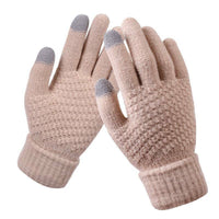 Beige Strickhandschuhe mit grauen Touchscreen-Fingerspitzen, warm, wintertauglich, unisex.
