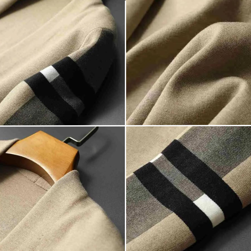 Beige Strickjacke mit schwarzen und weißen Streifen, Detailansicht, weicher Stoff, modisch.