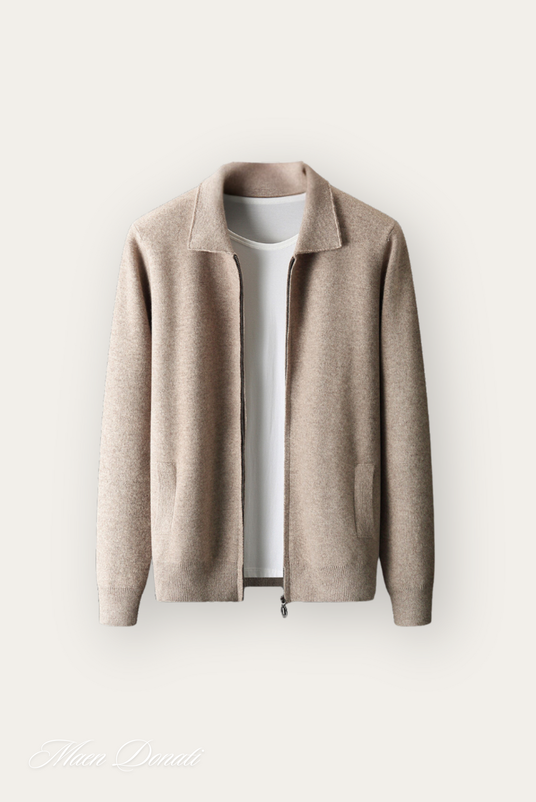 Beige Herren-Strickjacke aus Wolle, Reißverschluss, elegantes Design, Herbstmode.