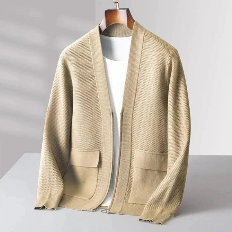 Beige Strickjacke Herren, Baumwolle, lässig, mit Taschen, modisch, bequem, Herbstmode.
