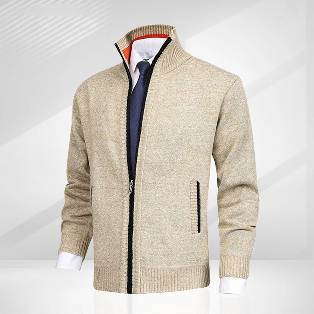 Beiger Herrenstrickjacke mit Reißverschluss, elegantes Design, ideal für Business-Outfits.