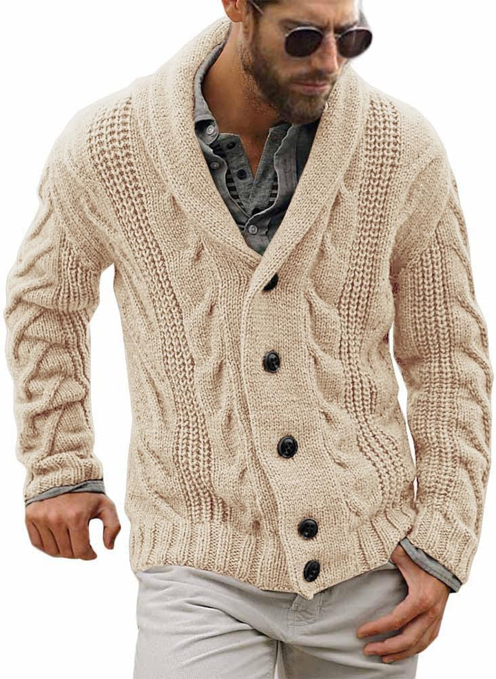 Beiger Strick-Cardigan für Herren, Schalkragen, Zopfmuster, Knopfleiste, Wintermode.