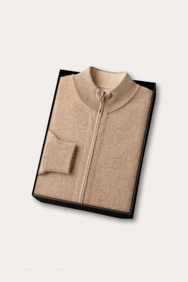 Beige Kaschmirpullover mit Reißverschluss in Geschenkbox, luxuriöse Strickmode, Herrenbekleidung.