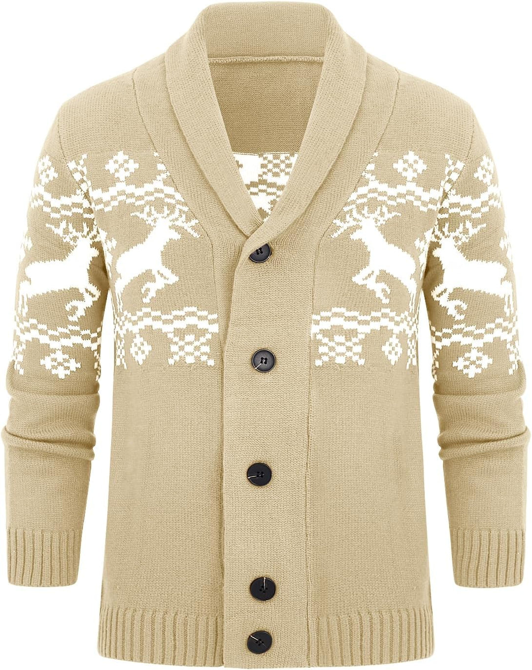 Beige Strickjacke mit Rentiermuster, Knöpfen, Schalkragen, Herrenmode, Winterkleidung.