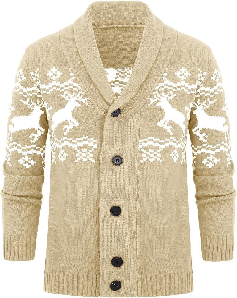 Beige Strickjacke mit Rentiermuster, Knöpfen, Schalkragen, Herrenmode, Winterkleidung.