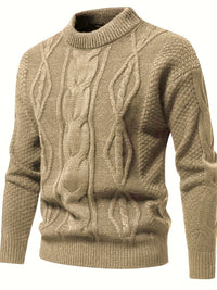Beiger Strickpullover Herren, Zopfmuster, warm, modisch, Wintermode, Baumwolle, Rundhals.