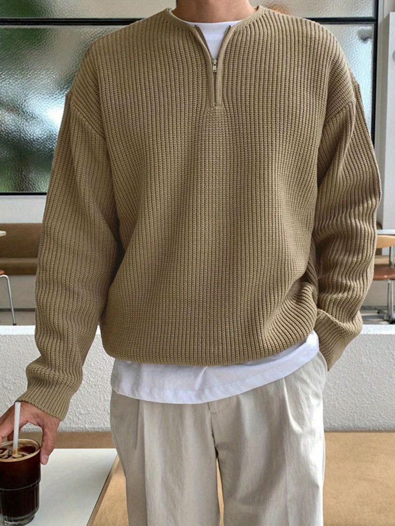 Beiger Strickpullover mit Reißverschluss, Herrenmode, lässig, Herbst, Baumwolle, stilvoll.