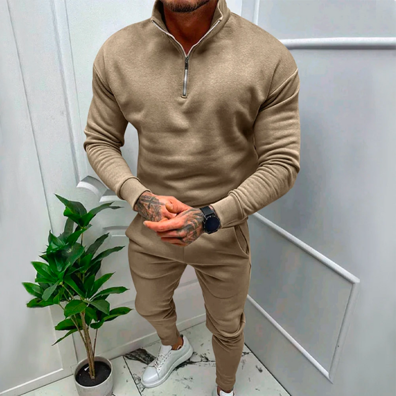 Beiger Herren-Trainingsanzug mit Reißverschluss, Langarm, sportlich, modern, bequem.