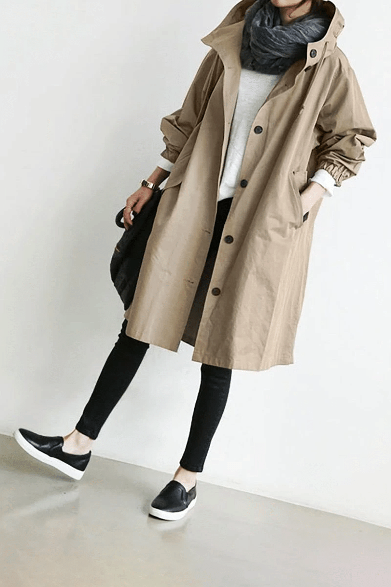 Damen Trenchcoat beige, lässig, Knöpfe, Herbstmode, Mantel, Streetwear, modisch, elegant.