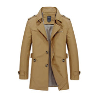 Beige Herren Trenchcoat, zweireihig, Baumwolle, klassischer Stil, Herbstmode, Mantel für Männer.