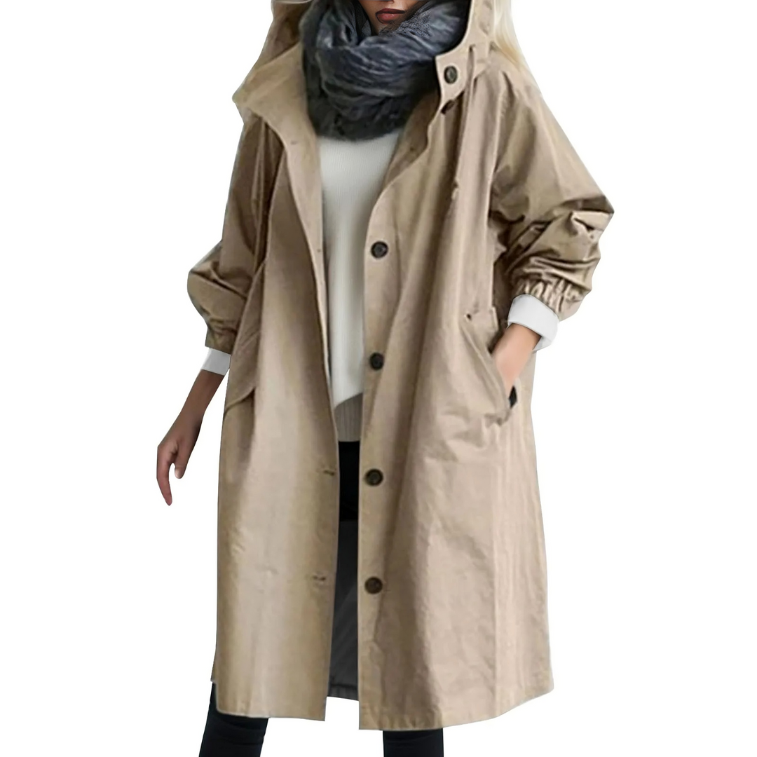 Damen Trenchcoat beige, winddicht, Kapuze, Knöpfe, Taschen, modisch, Herbstmode.