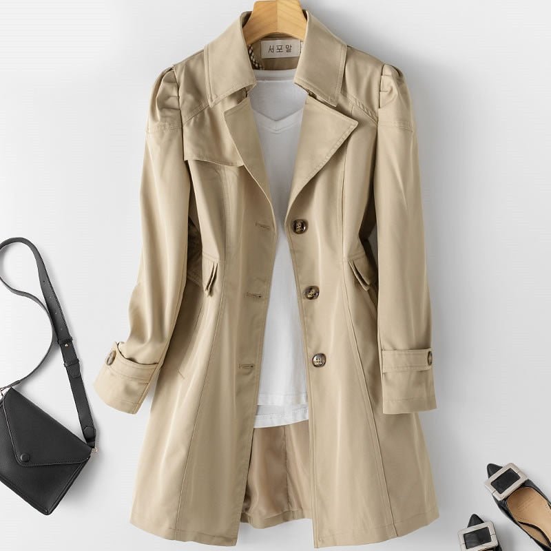 Beige Damen-Trenchcoat aus Baumwolle, modisch, knielang, mit Knöpfen, ideal für Herbstmode.