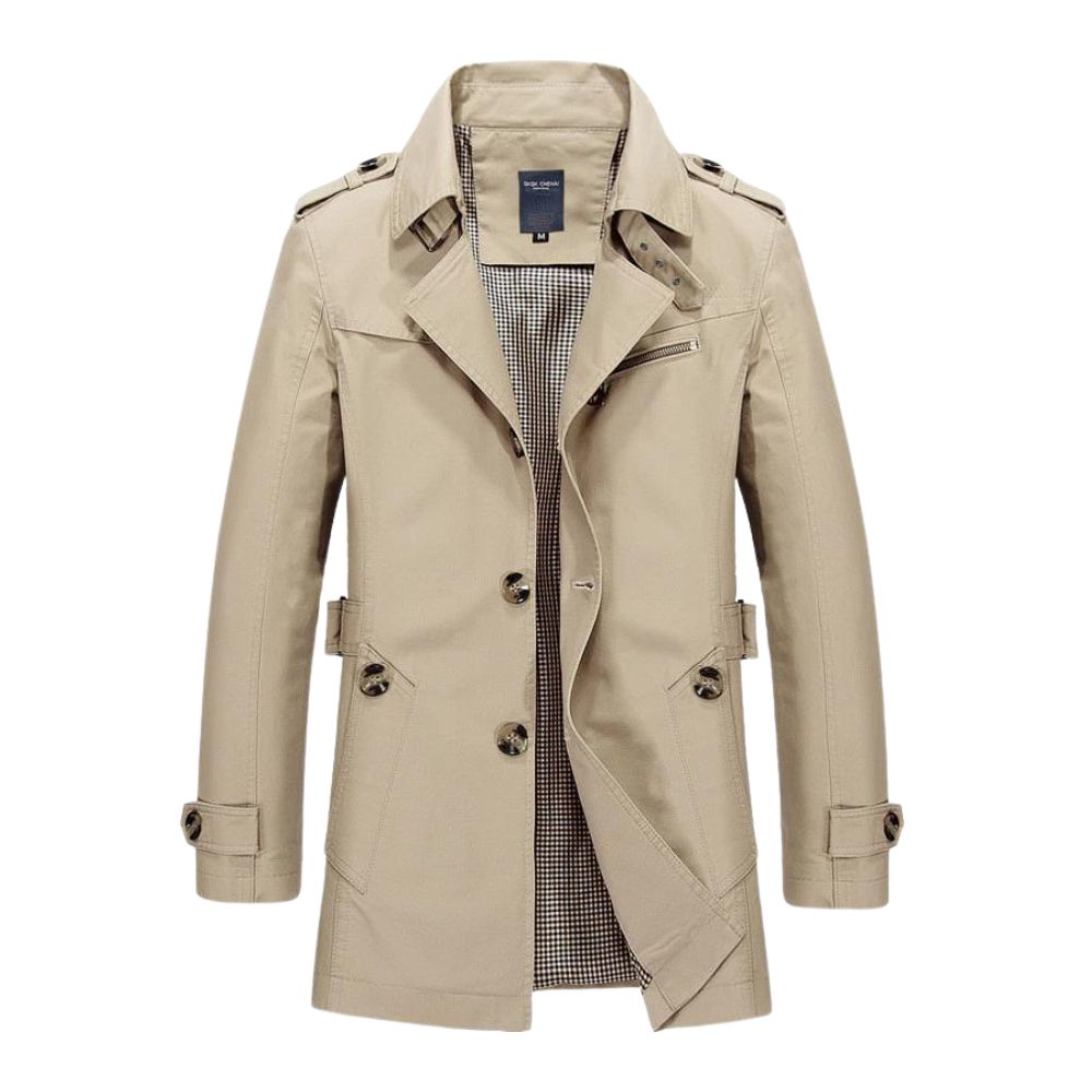 Beiger Trenchcoat für Herren, klassisches Design, zweireihig, Baumwolle, Herbstmode.