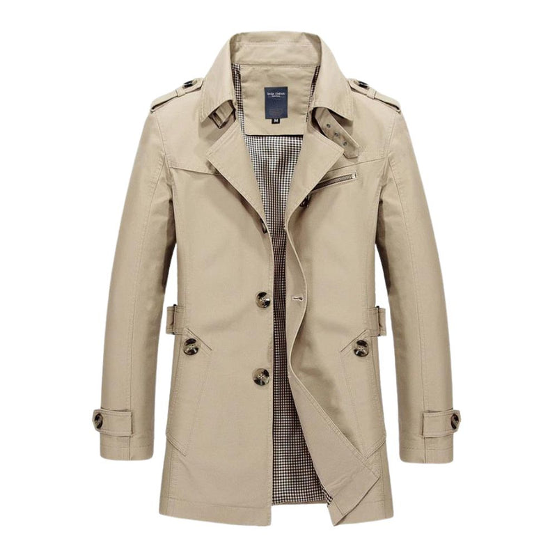 Beiger Trenchcoat für Herren, klassisches Design, zweireihig, Baumwolle, Herbstmode.