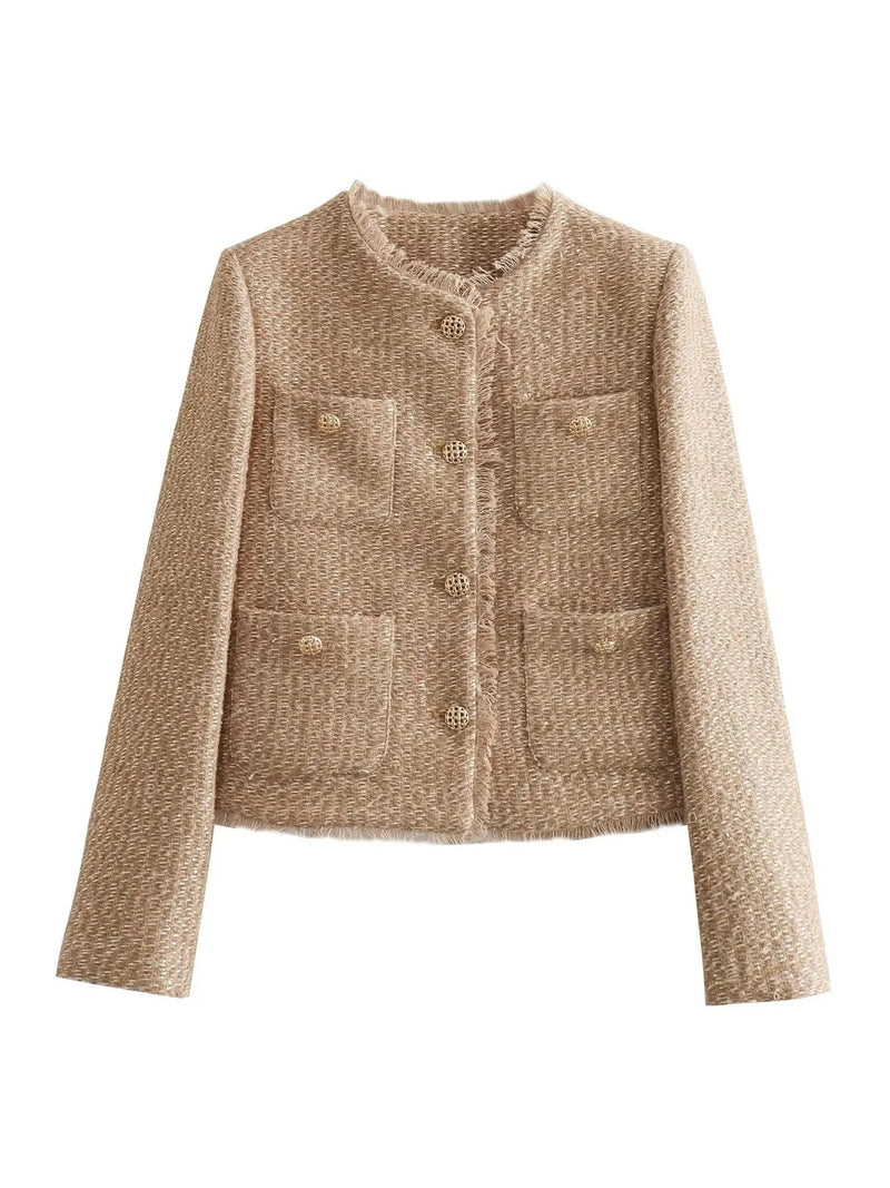 Beige Damen Tweed-Jacke mit Knöpfen, eleganter Stil, Herbstmode, klassisches Design.