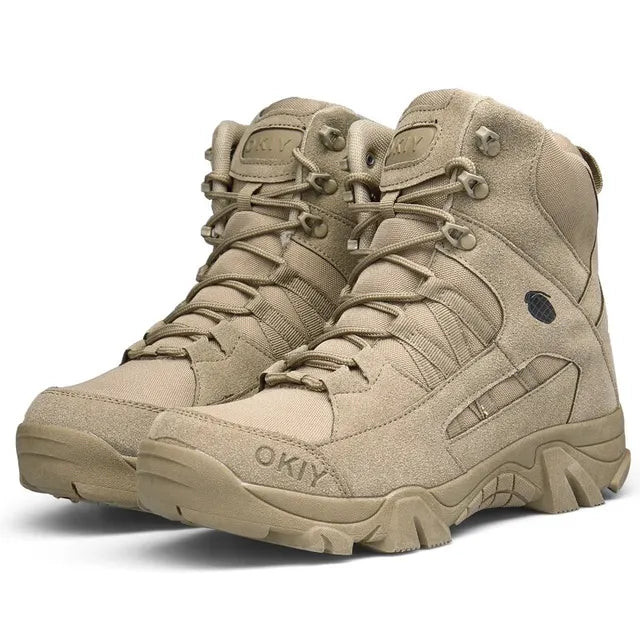 Beige wasserdichte Herren-Wanderschuhe, robustes Design, ideal für Outdoor-Aktivitäten.