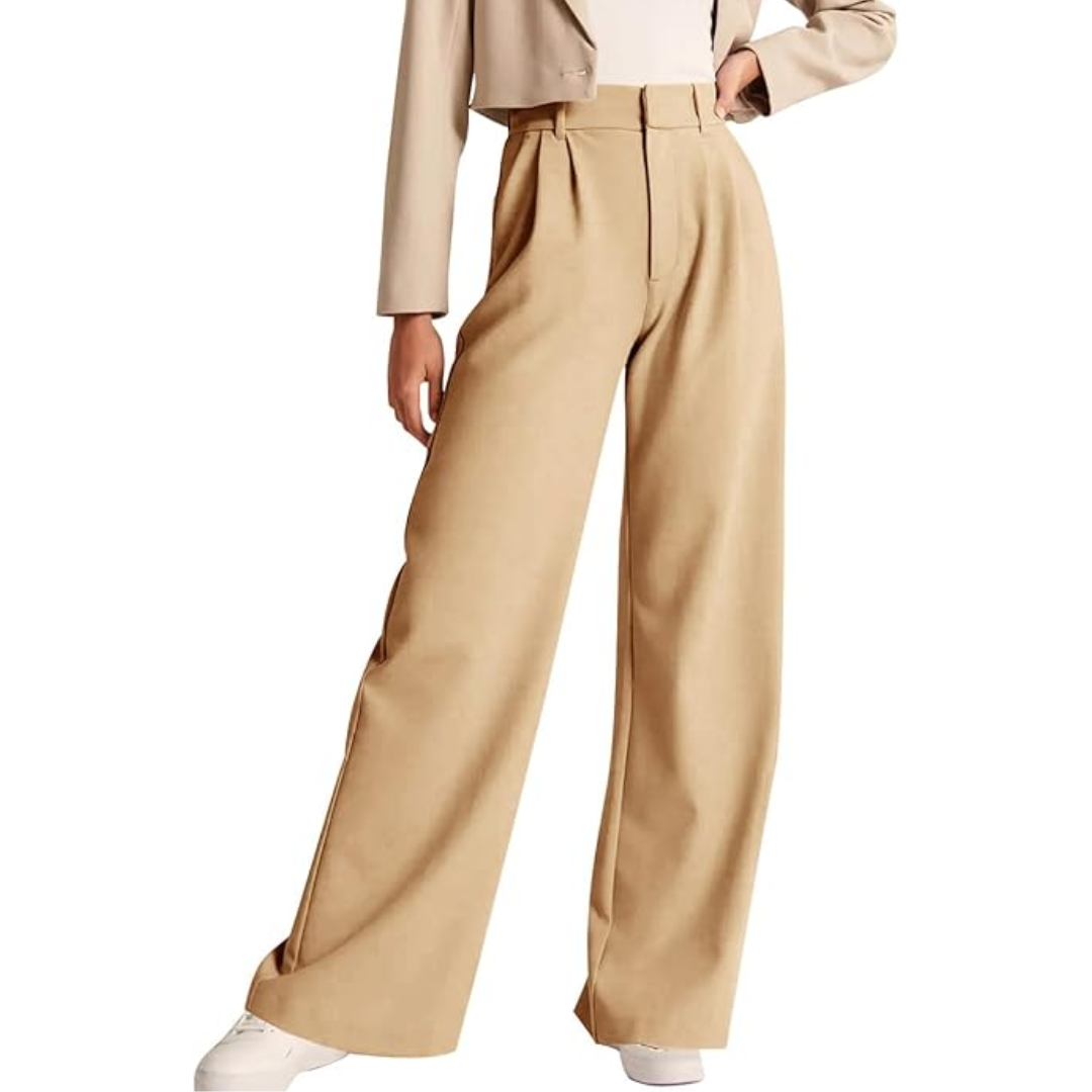 Beige Damenhose, weites Bein, eleganter Stil, modische Damenbekleidung, Herbstmode.