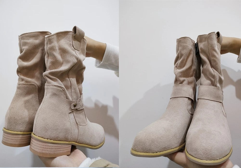 Beige Wildleder-Stiefeletten, Damen, modisch, bequem, Reißverschluss, flacher Absatz.