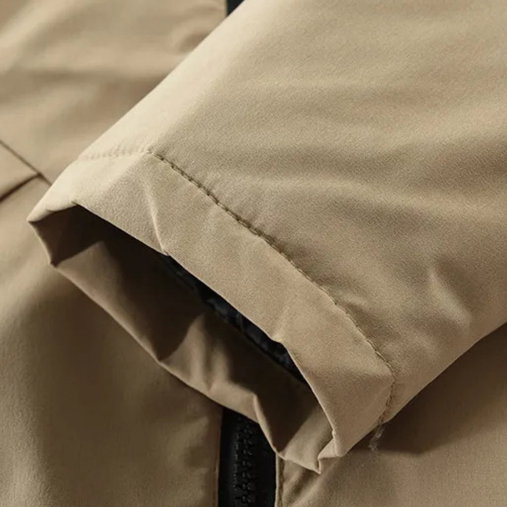 Beige Winterjacke Ärmel, wasserabweisend, Reißverschluss, Outdoor-Bekleidung, warme Jacke.