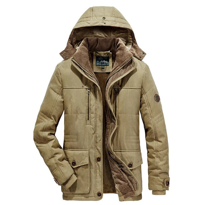 Beige Herren-Winterjacke mit Kapuze, Reißverschluss, Taschen, warm gefüttert, Outdoor-Bekleidung.