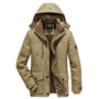 Beige Herren-Winterjacke mit Kapuze, Reißverschluss, Taschen, warm gefüttert, Outdoor-Bekleidung.
