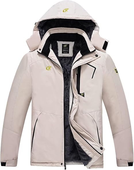 Beige Herren-Winterjacke mit Kapuze, wasserabweisend, warm gefüttert, Outdoor-Bekleidung.