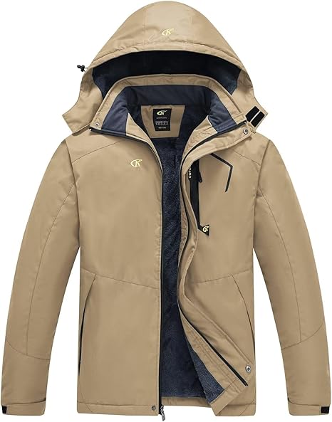 Beige Herren-Winterjacke mit Kapuze, wasserabweisend, warm gefüttert, Outdoor-Bekleidung.