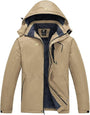 Beige Herren-Winterjacke mit Kapuze, wasserabweisend, warm gefüttert, Outdoor-Bekleidung.